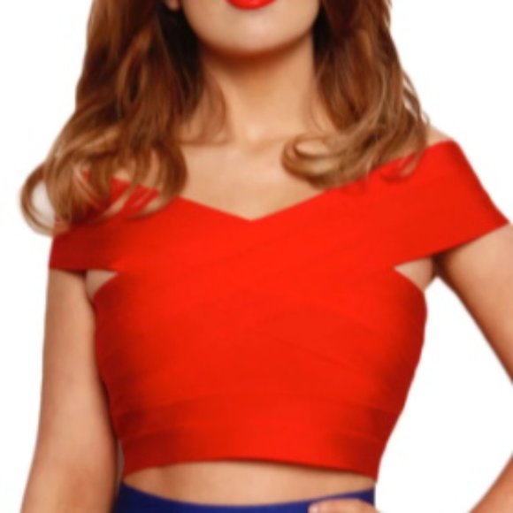 Sexy Red Semi-Stretch Off Shoulder Crop Top - Picture 3 of 11
